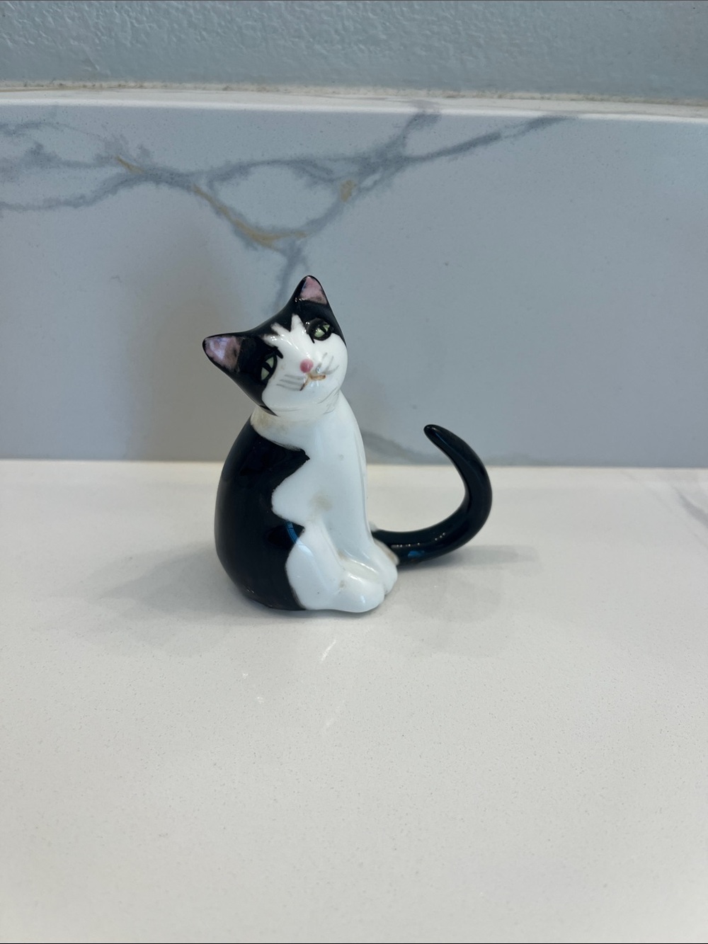 Black & White Ceramic Cat Figurine Bone China Vintage Home Decor Shelf Sitter